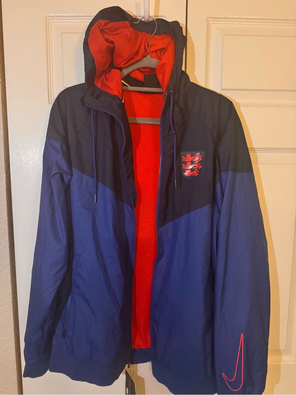 England 3 Lions Nike Blue and Navy Hooded Windbreaker with Red Lining
